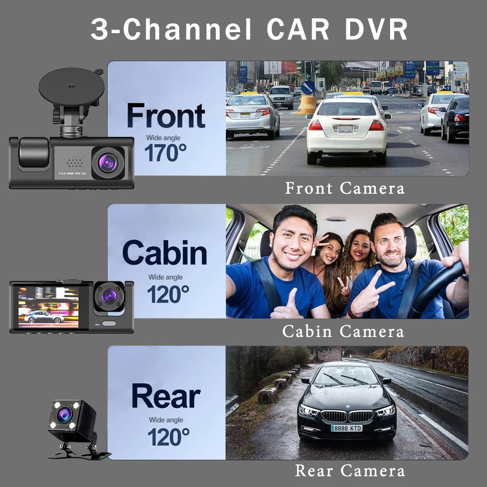 3 Channel Dash Cam HD 1080P 3-Lens Inside Vehicle  Car DVR Three Way Camera DVRs Recorder Video Registrator Dashcam Camcorder Road Master Precision Auto