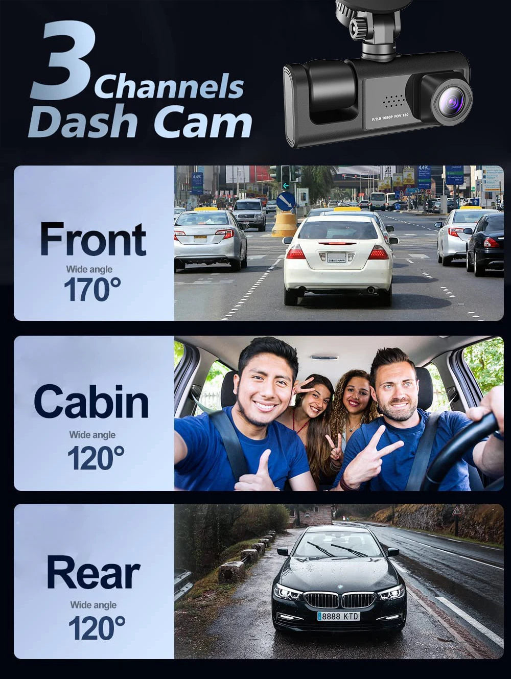 3 Channel Dash Cam HD 1080P 3-Lens Inside Vehicle  Car DVR Three Way Camera DVRs Recorder Video Registrator Dashcam Camcorder Road Master Precision Auto